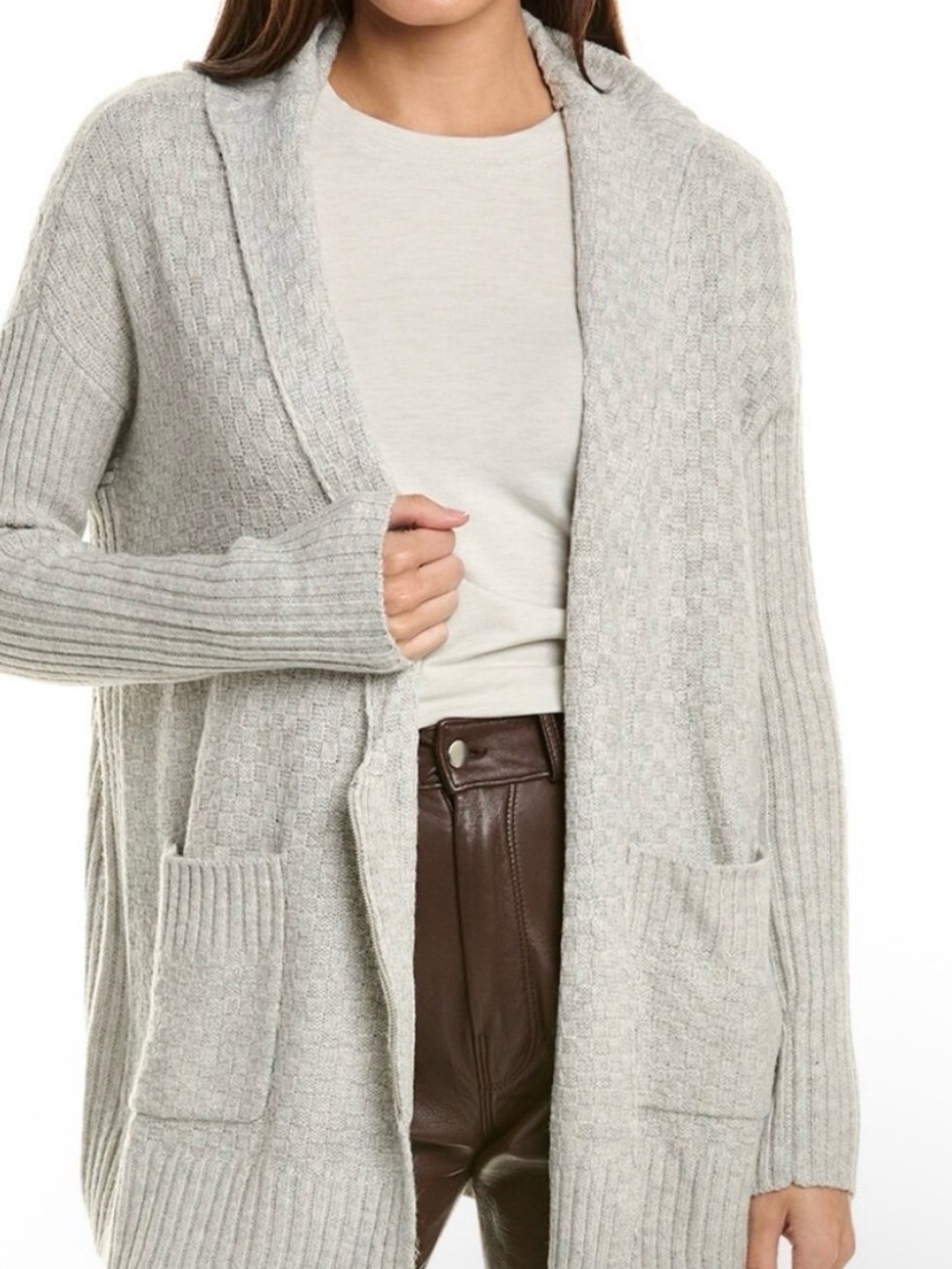 NWT CAbi Thrive Heather oatmeal zip Front Knit Cardigan Patch Pockets medium